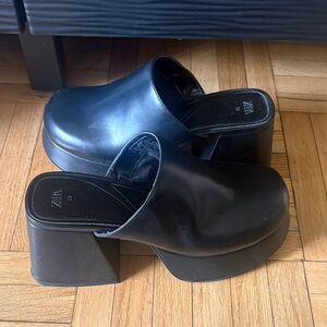 Black Leather Platform Mules